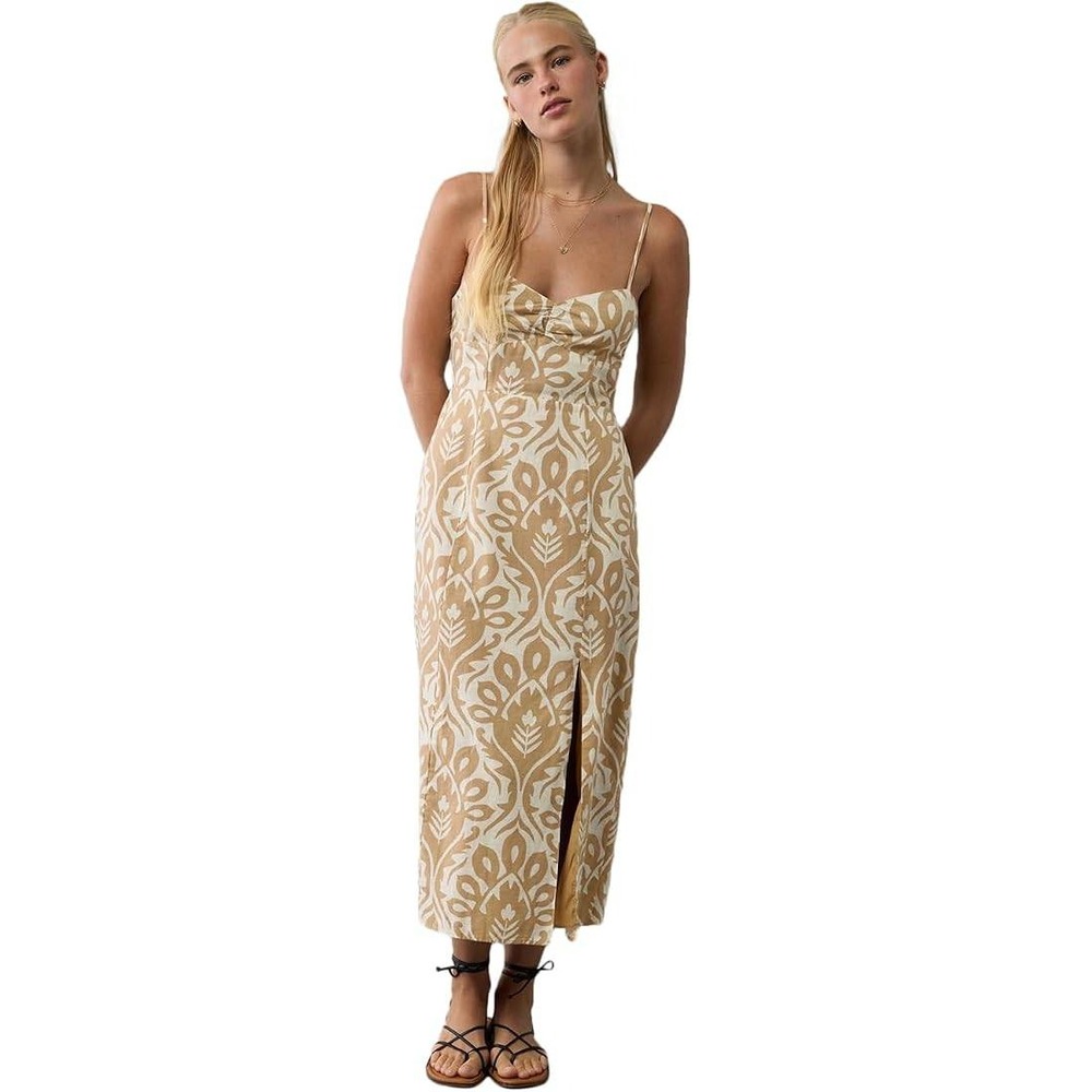American Eagle Midi Dress Womens S Tan White Damask Linen Blend Tie Back 105s